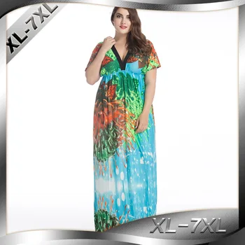 

Summer New Seaside Holiday Beach Bohemian Style Large Size Bat Sleeve V-neck Dress