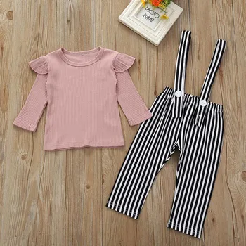 

Autumn Baby Girl Long Flare Sleeve Stripe T-shirt Blouse Suspenders Stripe Pants baby pants set for girls 1-4T