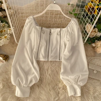 

Woman autumn clothing zipper square neck elasticity waist shirt