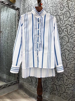 

2020 Autumn and Winter new women's lapel striped color matching decorative long sleeve Joker shirt 913
