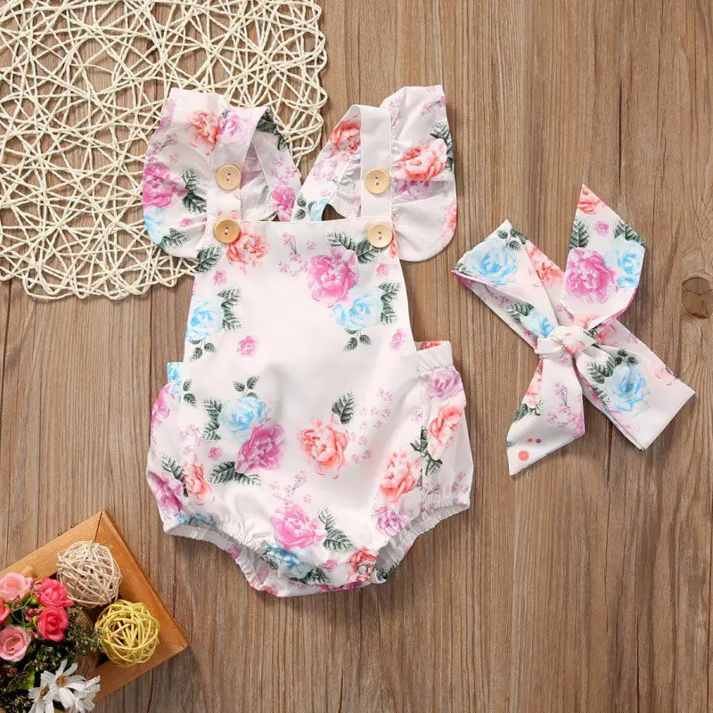 

Autumn Newborn Girls Rompers Set Flare Sleeve Floral Bodysuit Jumpsuit Headband 2Pcs Set
