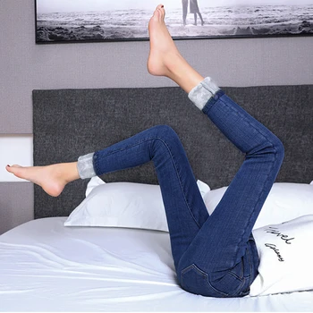 

Winter Velvet Thicken Jeans Woman Autumn High Waist Jeans Femme Long Pencil Pants Warm Denim Ladies Jeans