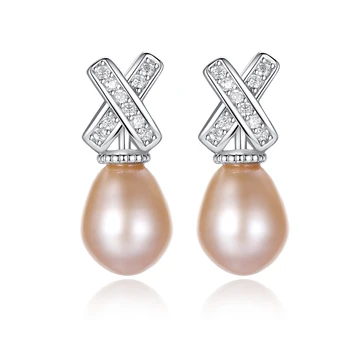 

MetJakt S925 Sterling Silver Lettered X Micro Inlaid 3A Zircon Light Water 7-8mm Pearl Women's Ear Studs