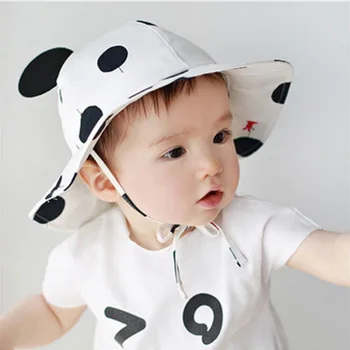 

Spring Summer Kids Unisex Sun Hat Breathable Bucket Hat Girls Cotton Elastic Straps Dots Printed Cap With Cartoon Ear Hat