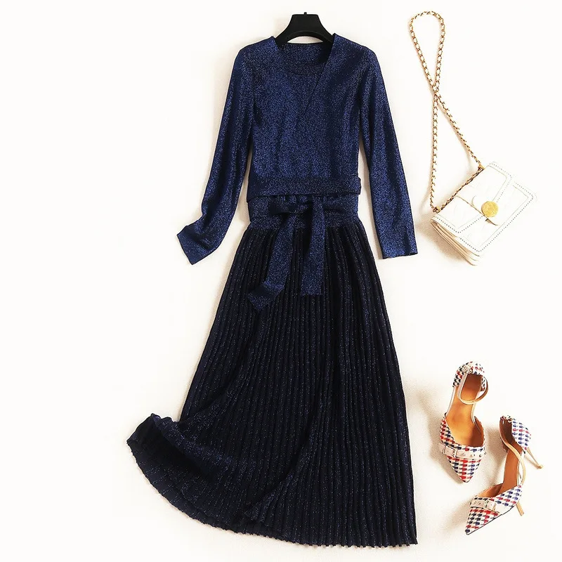 

VERDEJULIAY Runway Women Velve Sets 2020 Fall Winter Long Sleeve V-Neck Bow Blue/Gray Top +Pleated Sleeveless Knitted Dress Suit