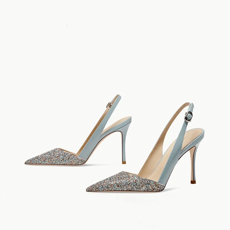 

Summer new sequins and color matching pointed buckle strap stiletto bridal wedding shoes banquet dress all-match female sandals