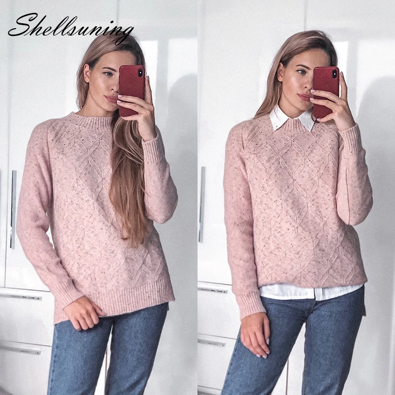 

Shellsuning Rhombus Lattice Fashion Sweater Women New 2019 Autumn Winter Knitted Pullover Korean Comfortable Long Ladies Tops