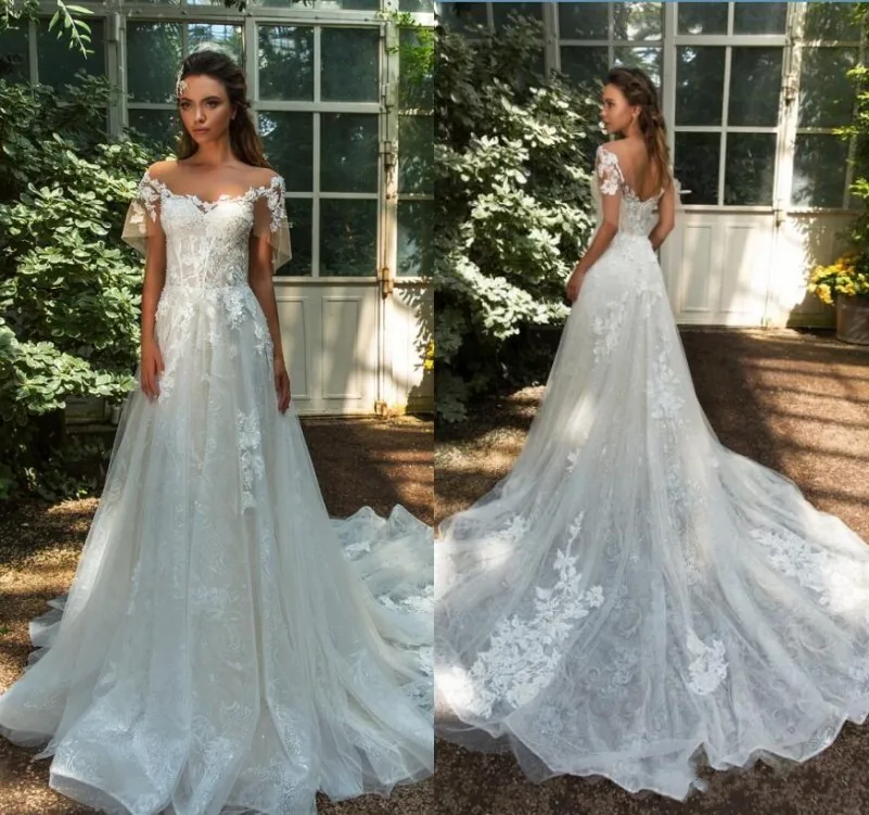 

Lace Wedding Dresses A Line Bateau Neck Short Sleeve Bridal Formal Gowns Lace Appliques Sheer robe de mariage