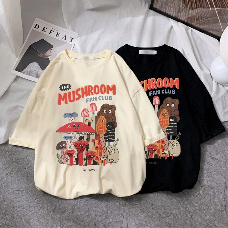 Cotton Material Retro Apricot Mushroom Cute T Shirts O-neck Casual Summer Plus Size Woman Tshirts 2021Fashion Streetwear Clothes palm angels t shirt