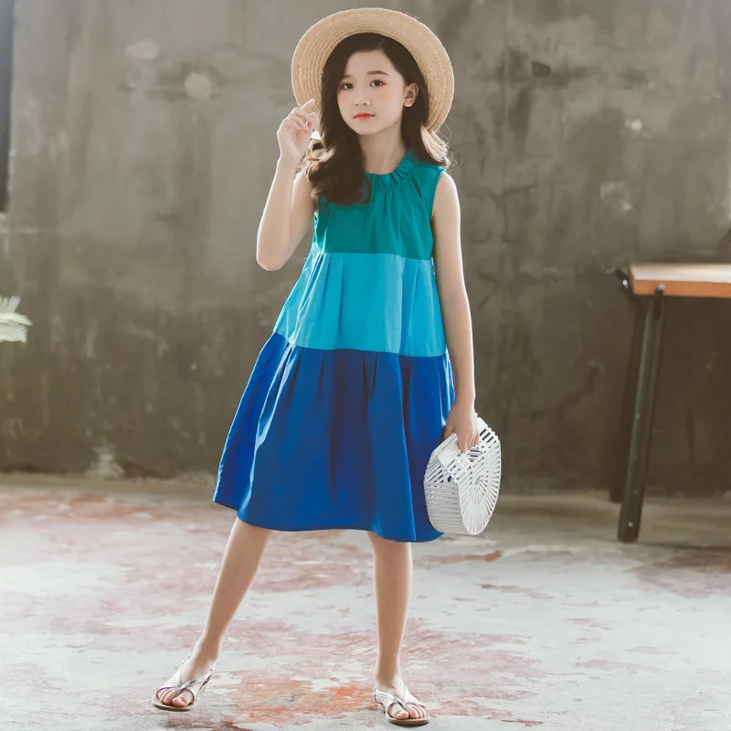 

Summer Korean-style Girls Dress Medium-length Dress Contrast Color Joint Lace-up Neckline Sleeveless Contrast Color Splicing Dre