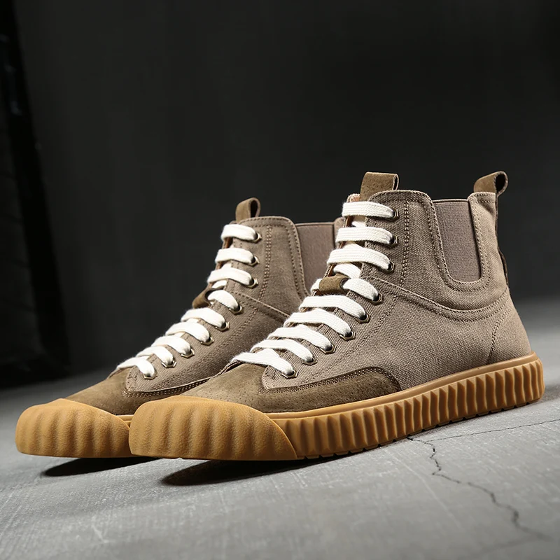 Khaki Grey Misalwa/осенне-Весенняя повседневная обувь с высоким берцем ботинки «Челси» Мужская обувь из замши и конопли дышащие мужские ботинки на шнуровке с круглым носком - Цвет: Khaki Grey