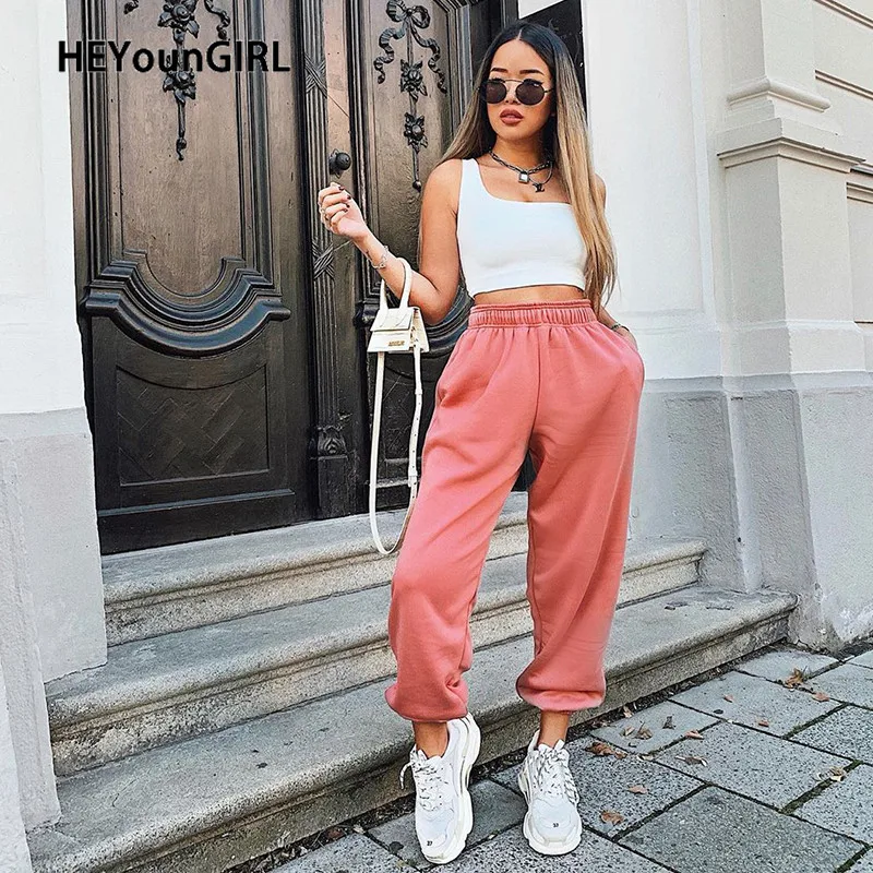 HEYounGIRL Pink Casual Loose Sweat Pants Women Fashion High Waist Trousers Ladies Baggy Solid Sweatpants with Pockets Autumn HEYounGIRL Pink Casual Loose Sweat Pants Women Fashion High Waist Trousers Ladies Baggy Solid Sweatpants with Pockets Autumn