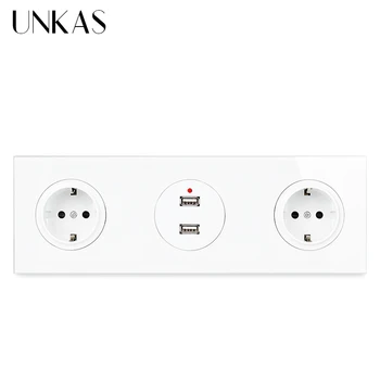 

UNKAS Double EU Standard Wall Power Socket Grounded + Dual USB Charging Port 2.4A Output Tempered Crystal Glass Panel Outlet