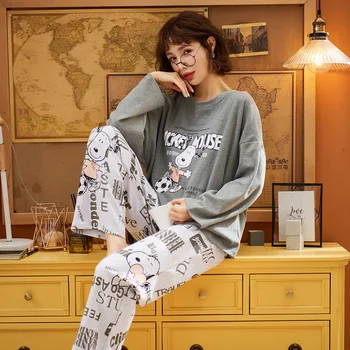 

QUEENX sleepwear Women's pajamas Pajamas set Spring and Autumn Long-Sleeved Large Size tCute Loose Korean Style home suit