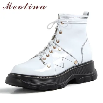 

Meotina Rivet Real Leather Flat Platform Ankle Boots Women Shoes Round Toe Lace Up Flats Short Boots Lady Autumn Winter Size 40