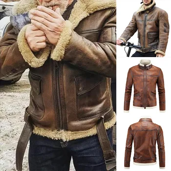 

Mens PU Leather Outwear Turndown Collar Motorcycle Coat Biker Style for Fall Winter Warm Coat QL Sale