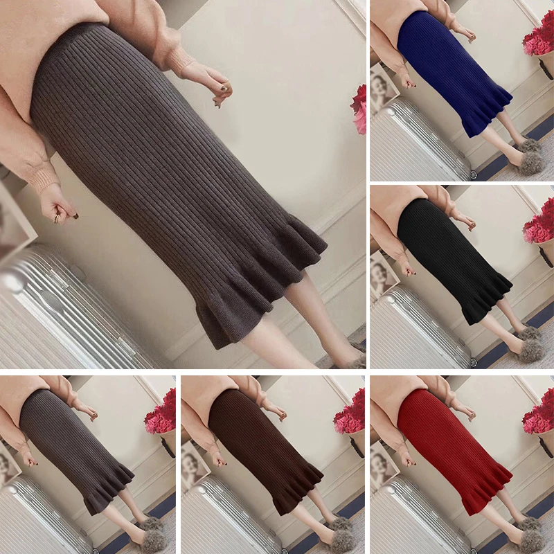 Faldas Mujer Moda Женская осенне-зимняя трикотажная длинная юбка с высокой талией гофрированная обтягивающая юбка