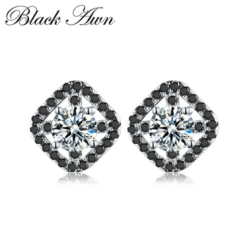

2.2g 100% 925 Sterling Silver Jewelry Stud Earrings for Women Created Black Round-Cut Black&White Stone Earring T178