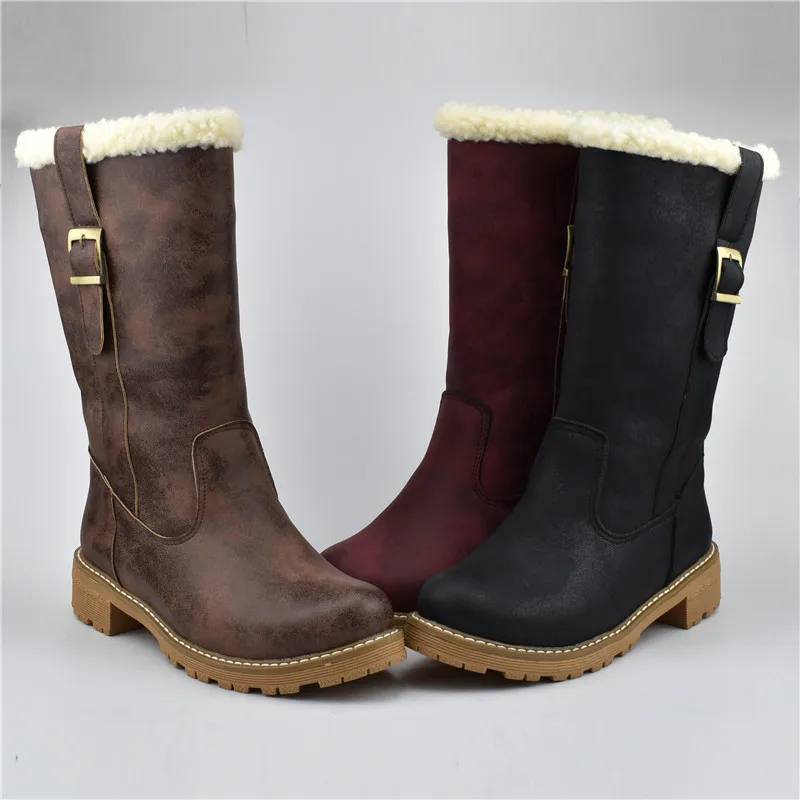 Odetina Women Round Toe Slip On Keep Warm Block Low Heel Mid Calf Boots Lady Buckle Strap Platform Thick Fur Winter Snow Boot