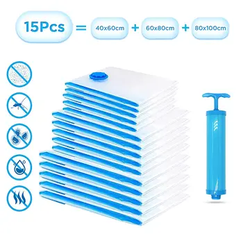 

15pcs Vacuum Bag Clothes Storage Bag With Valve Transparent Border Folding Compressed Organizer Travel Space Saving Seal Packet