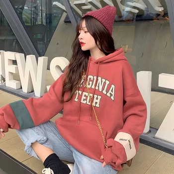 

Women Letter Hooded Hoodies Plus Velvet Winter Warm Large Size Patchwork Ulzzang Womens Sweatshirt Harajuku Chic