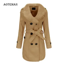 Осенне-зимнее женское пальто, повседневное, размера плюс, приталенное, длинный рукав, искусственный мех, шерстяные куртки, женское элегантное двубортное белое пальто