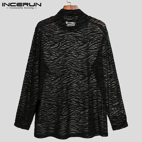 INCERUN-남성 메쉬 티셔츠 터틀넥 긴 소매 시스루 프린트 캐주얼 섹시한 티셔츠, 스트리트웨어 파티 나이트 클럽 캐미 세타 3