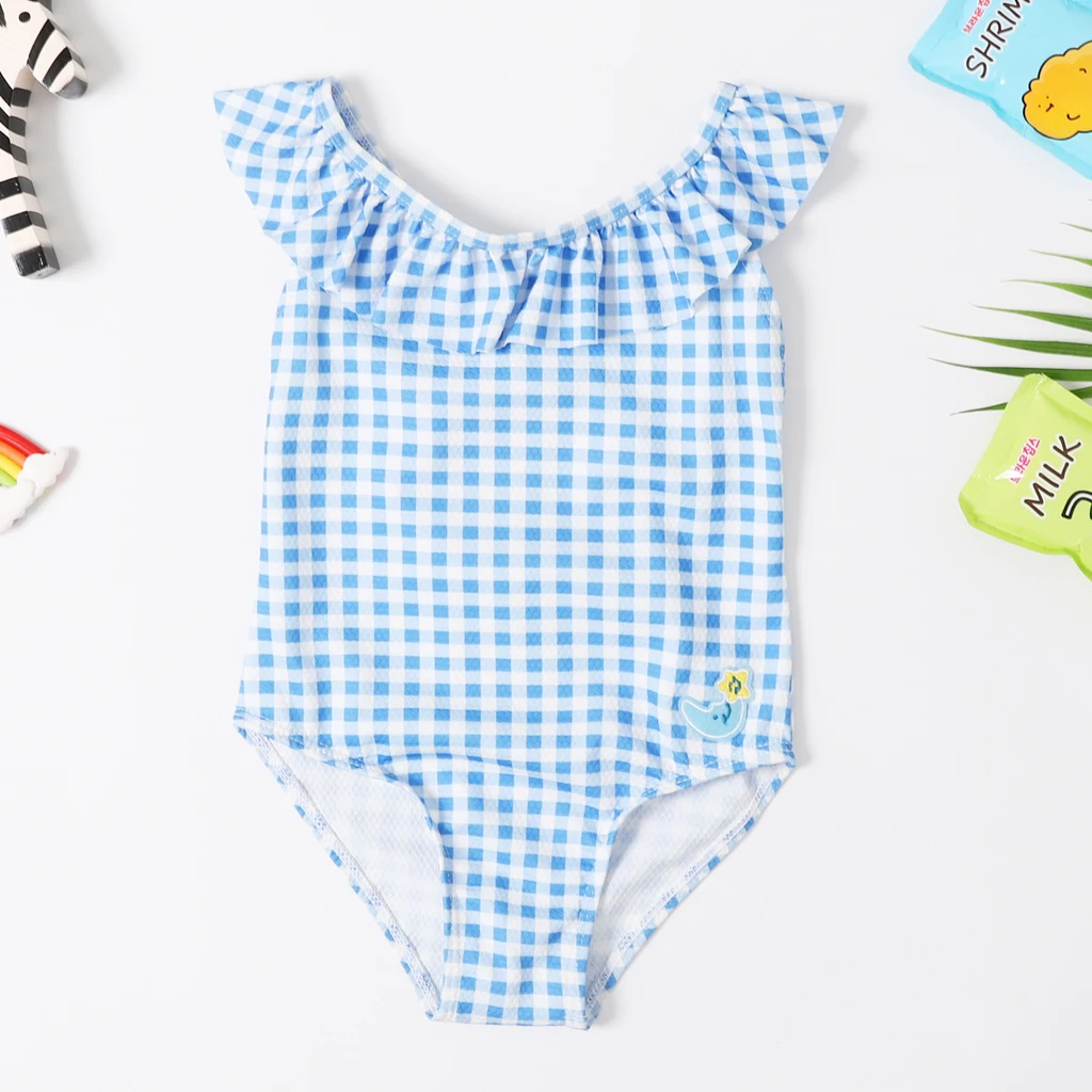 

New Baby Girl Swimsuit One Piece Swimwear Classic Style Bodysuit Aqua Geometric Swimsuit for Girl Moon Embroidery Bathing Suit
