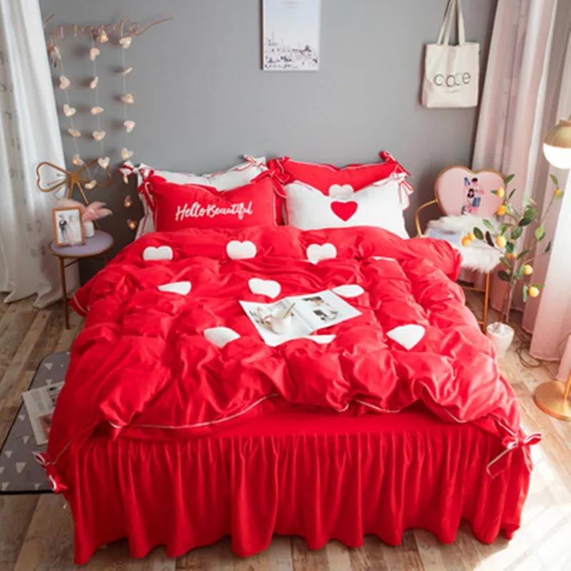 

Winter crystal coral velvet 3/4pcs bedding set girl heart princess bowknot thickened two-sided velvet bed skirt free shipping MR