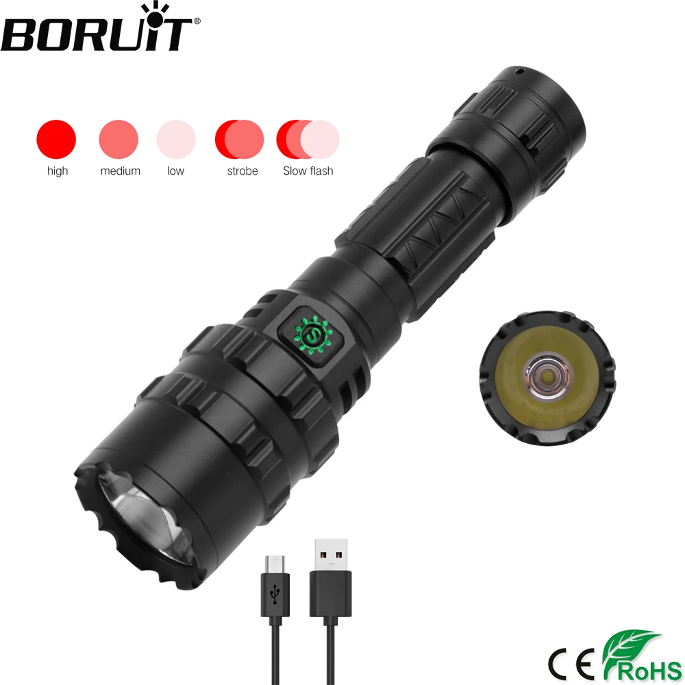 

BORUiT Professional Hunting Tactical LED Flashlight Red XM-L2 620nm Rechargeable 18650 Scout Torch Waterproof 5-Mode Lantern