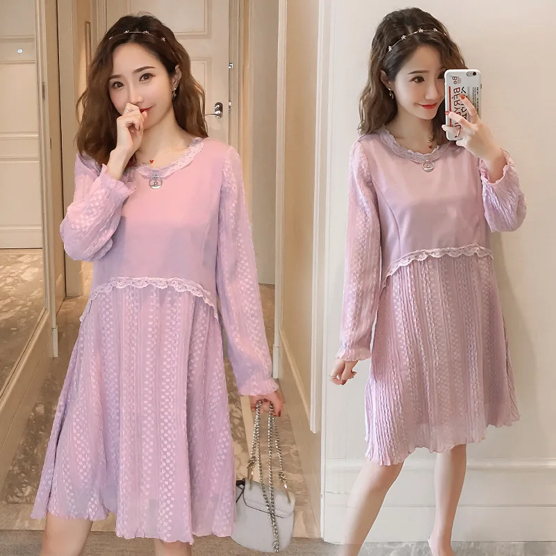 

Maternity Clothes 2019 Autumn Maternity Clothes New Style Korean-style Loose And Plus-sized Lace Joint Crew Neck Pregnant Women