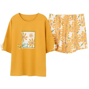 

Flower Print Thin Women 2 Pieces Pajamas Sets Cotton Pyjama Girlfriend Gift Sleepwear Suit Homewear Sexy Lingerie Short Sleeve
