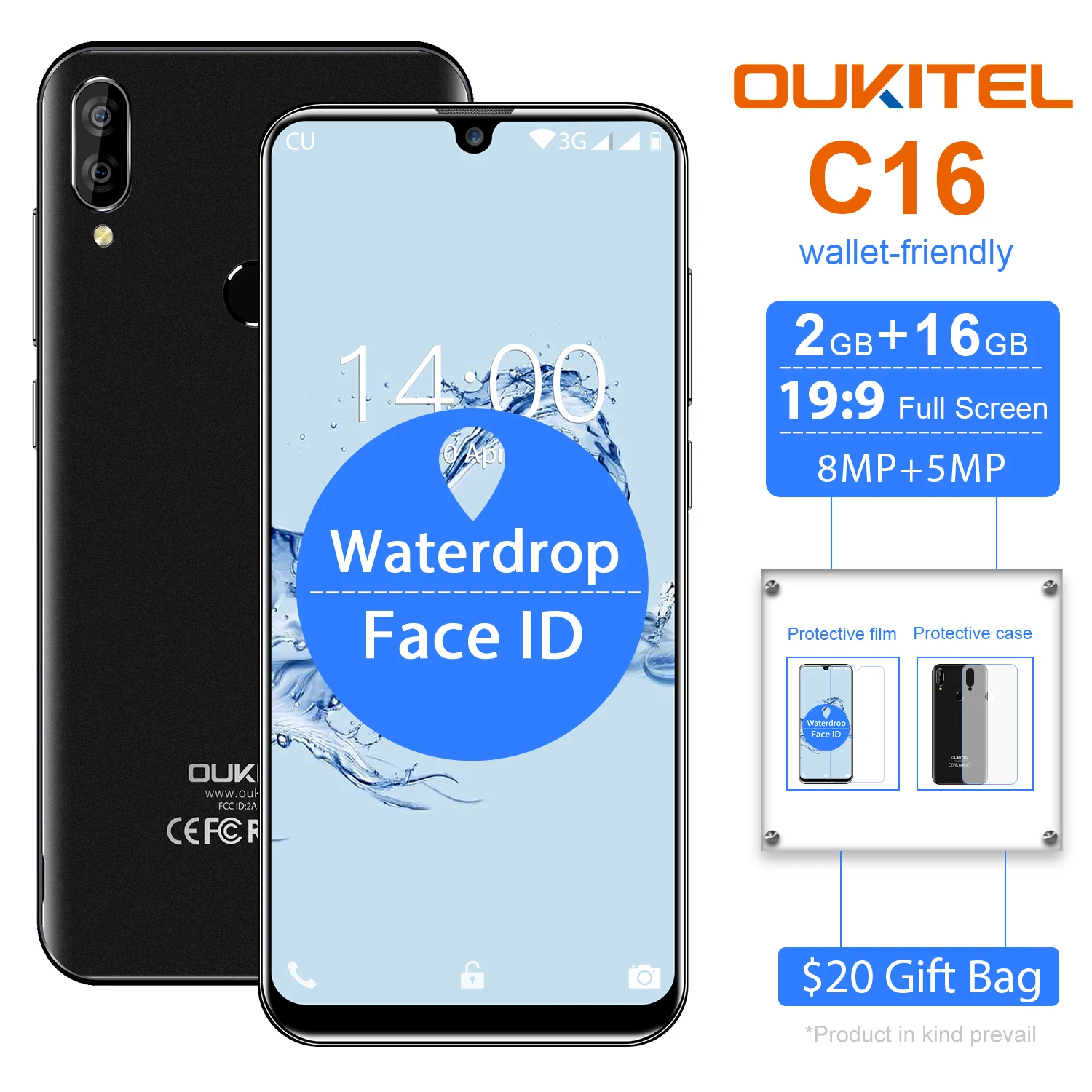 

OUKITEL C16 5.71" HD+ 19:9 WaterDrop Smartphone Fingerprint Android 9.0 Mobile Phone MT6580P 2G RAM 16G ROM 2600mAh Unlock