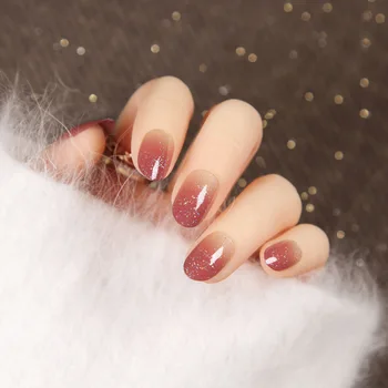 

24pcs Temperament Mid-length Style Round Head Fake Nails Bean Paste Glitter Powder Gradient Wearable Girls Decoration TY