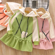 Одежда для маленьких девочек; От 2 до 7 лет-зима; бархатный свитер с капюшоном для девочек; милое платье принцессы с длинными рукавами