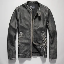 New Men Casual Cowhide Genuine Leather Jacket Stand Collar Riding Jackets Black/Black Eding/Vintage Gray Coats