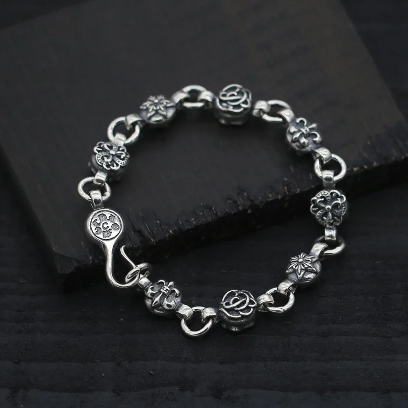 

Starfield S925 Sterling Silver Retro Thai Silver Flower Logo Punk Style Male Female Bracelet