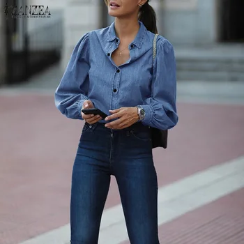 

ZANZEA 2020 Fashion Cotton Linen Shirts Plus Size Women Blouses Long Sleeve Light Blue Tops Ladies Lapel Neck Buttons Down Tunic