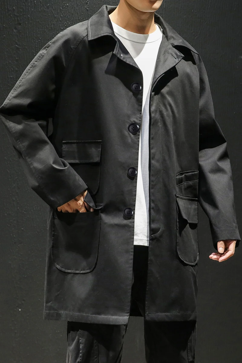 Осенний мужской Тренч, куртка с карманами, пальто, повседневные однотонные пальто, длинный Хлопковый тренч, Черный Армейский зеленый уличная одежда