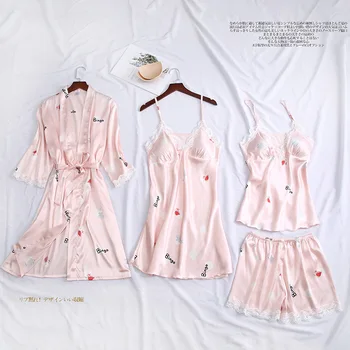 

Pink Print Sleepwear Lady Intimate Lingerie Nightwear Satin Kimono Bathrobe Gown Nightgown Lace Patchwork Pajams Homewear