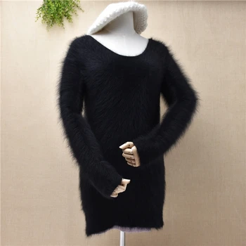 

Top mujer women spring classic fashion Angora rabbit fur Knit black long sleeves O-neck mink elastic slim basic pullover sweater