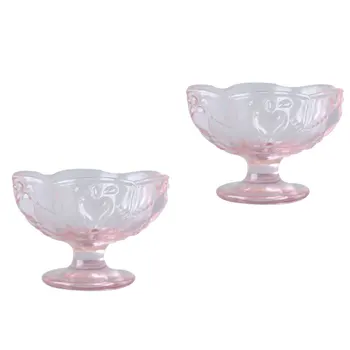 

2pcs Embossed Glass Dessert Cup Ice Cream Glass Cup Salad Bowl Goblet Shaped Pudding Milkshake Cup for Summer Party (Pink)