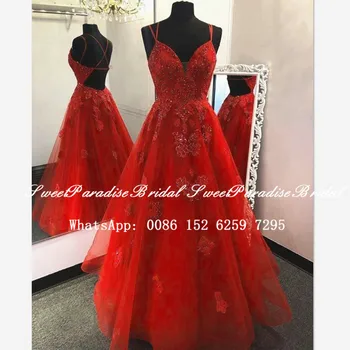 

Charming Appliques Beads Evening Dress Graduation 2020 Red Tulle A Line Criss Cross Back Women Long Prom Dresses Vestidos