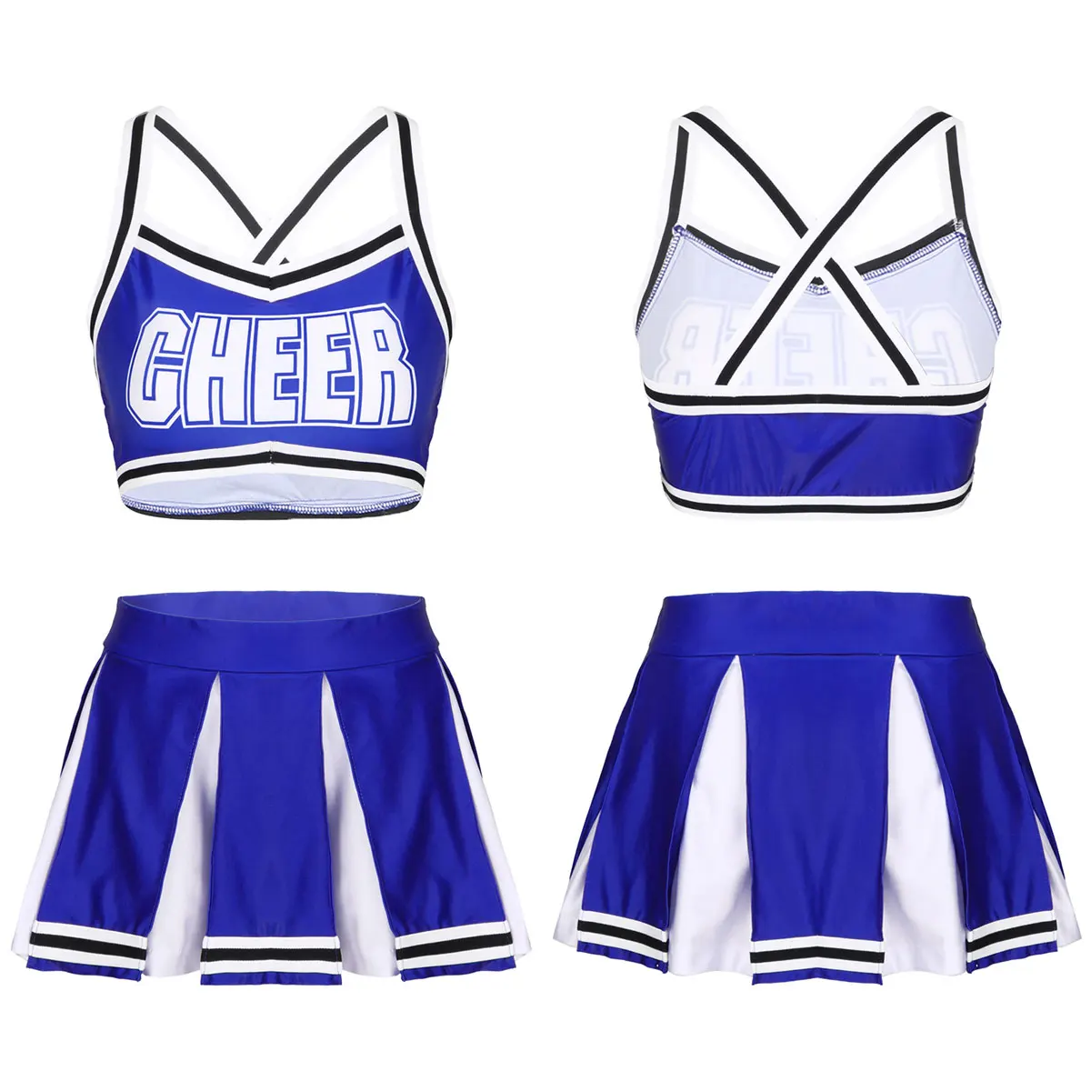 

Womens Cheerleading Dance Clothes School Girls Cheerleader Uniform Back Crossed Crop Top with High Waist Mini Pleated Skirt