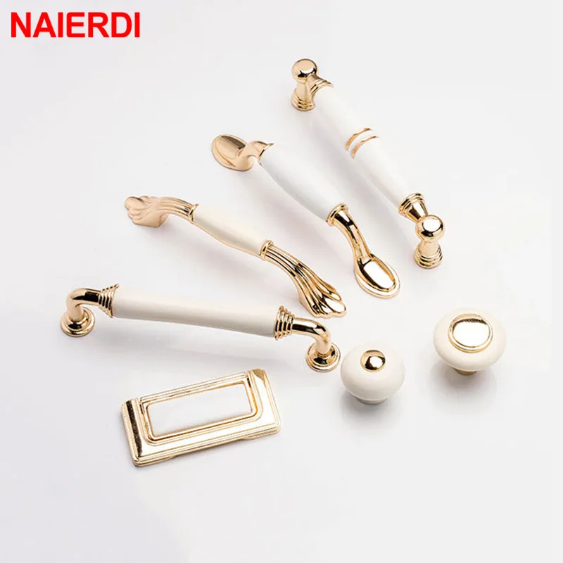 NAIERDI Creamic Door Handles Cabinet Handle Gold White Zinc Alloy  Drawer Pulls Kitchen Furniture Handle Furniture Hardware