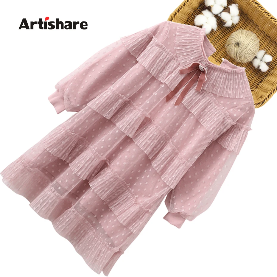 Dress For Girls Bow Party Dot Pattern Children Autumn Mesh Clothes Girl 6 8 10 12 14 | Детская одежда и обувь