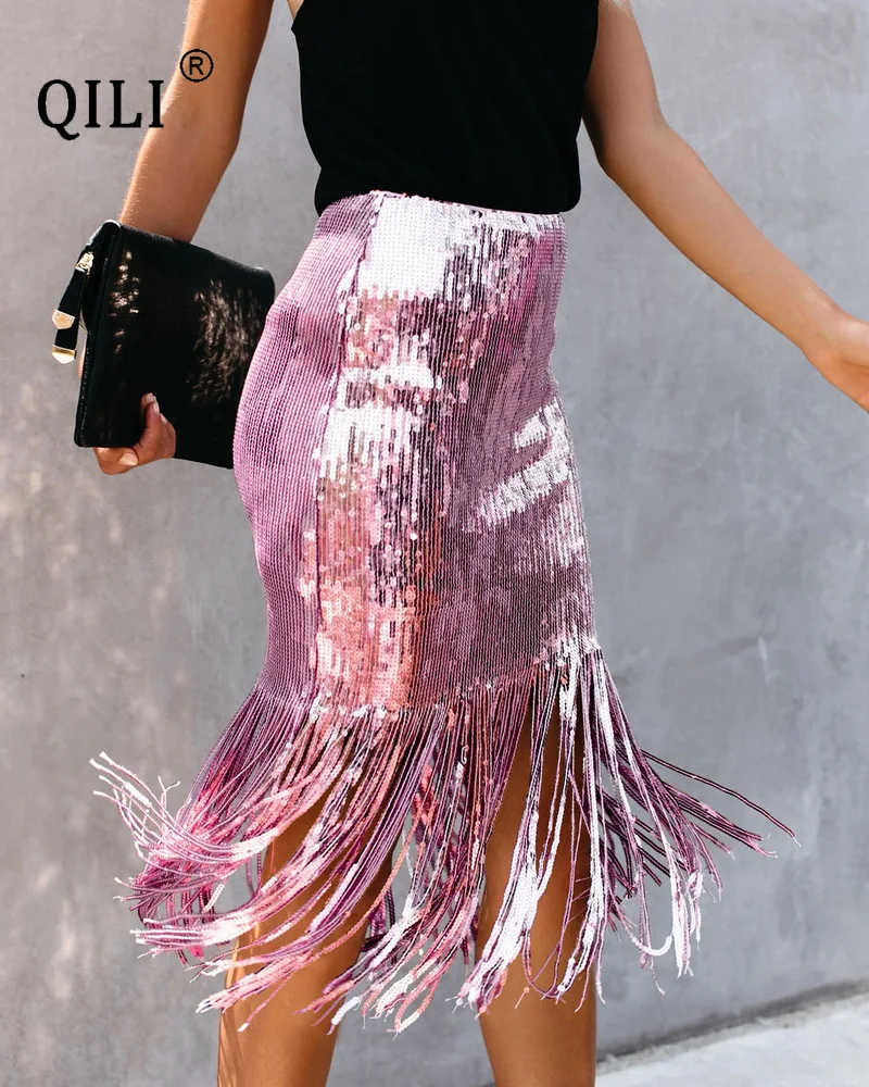 QILI, модная женская юбка с кисточками и пайетками, юбка-карандаш с естественной талией и боковой молнией, черная, красная, розовая, золотая, серебряная, блестящая юбка