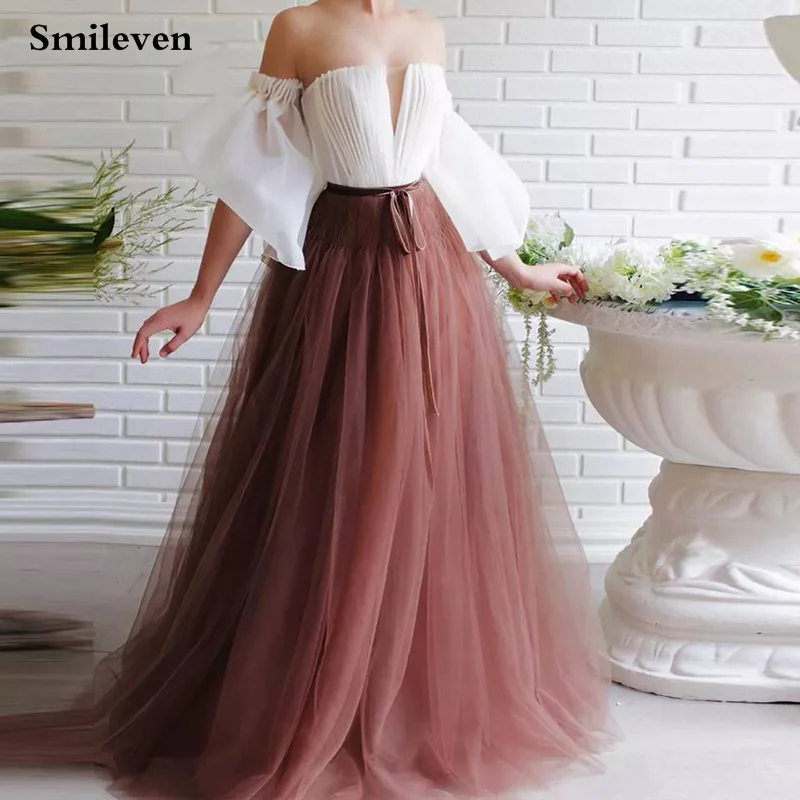 

Smileven Off The Shoulder Prom Dresses Puff Sleeve Vestido De Festa Soft Tulle Formal Evening Party Gowns