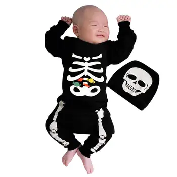 

Newborn Baby Boys Girls Halloween Bone Print Long Sleeve Romper Jumpsuit+Hat Set Outfits Children Autumn Fashion Suit
