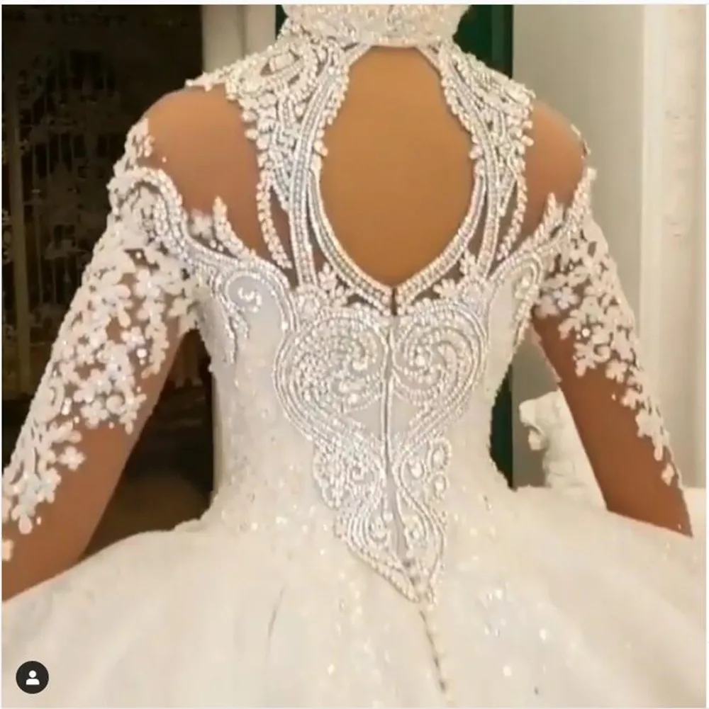 New Luxury Dubai Crystal Rhinestone Wedding Dresses Lace Appliques Full Sleeves Puffy Ball Gowns 3D Flower Bridal Dress 2022 summer wedding guest dress